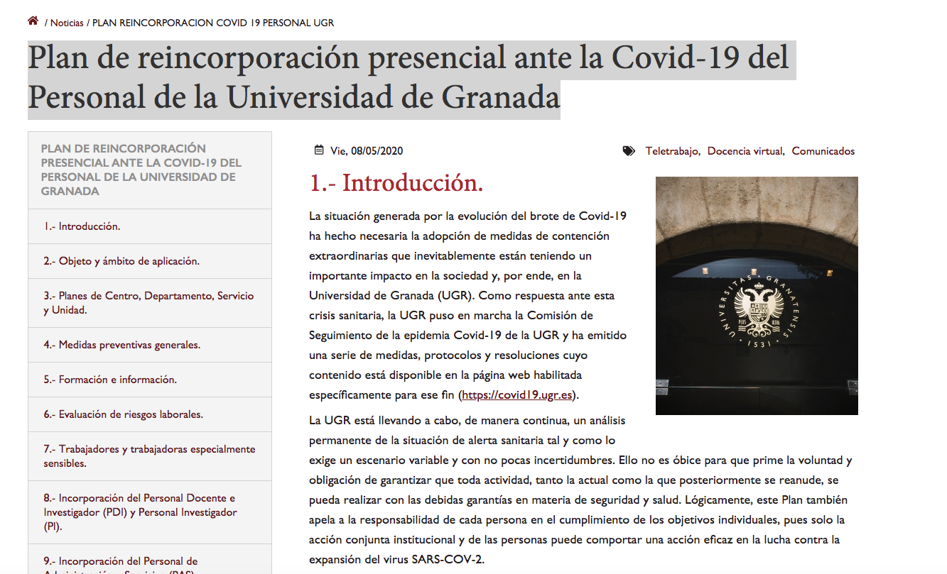 Plan de reincorporación presencial ante la Covid-19 del Personal de la Universidad de Granada