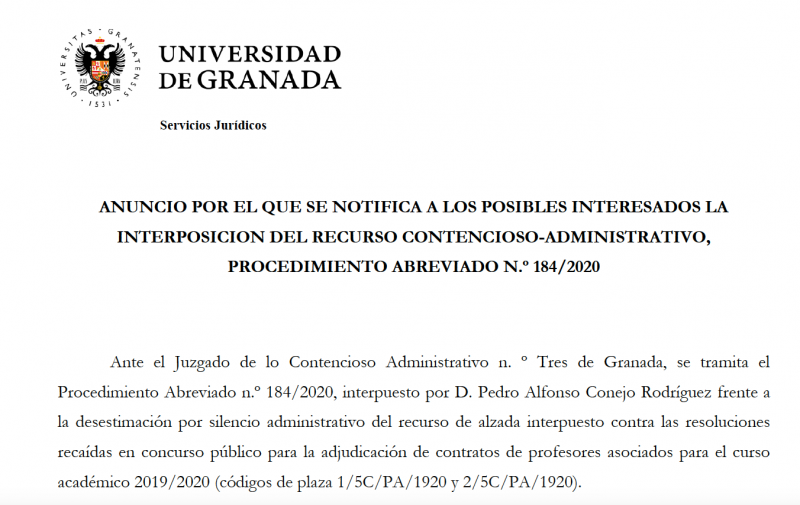 ANUNCIO POR EL QUE SE NOTIFICA A LOS POSIBLES INTERESADOS LA INTERPOSICION DEL RECURSO CONTENCIOSO-ADMINISTRATIVO, PROCEDIMIENTO ABREVIADO N.º 184/2020